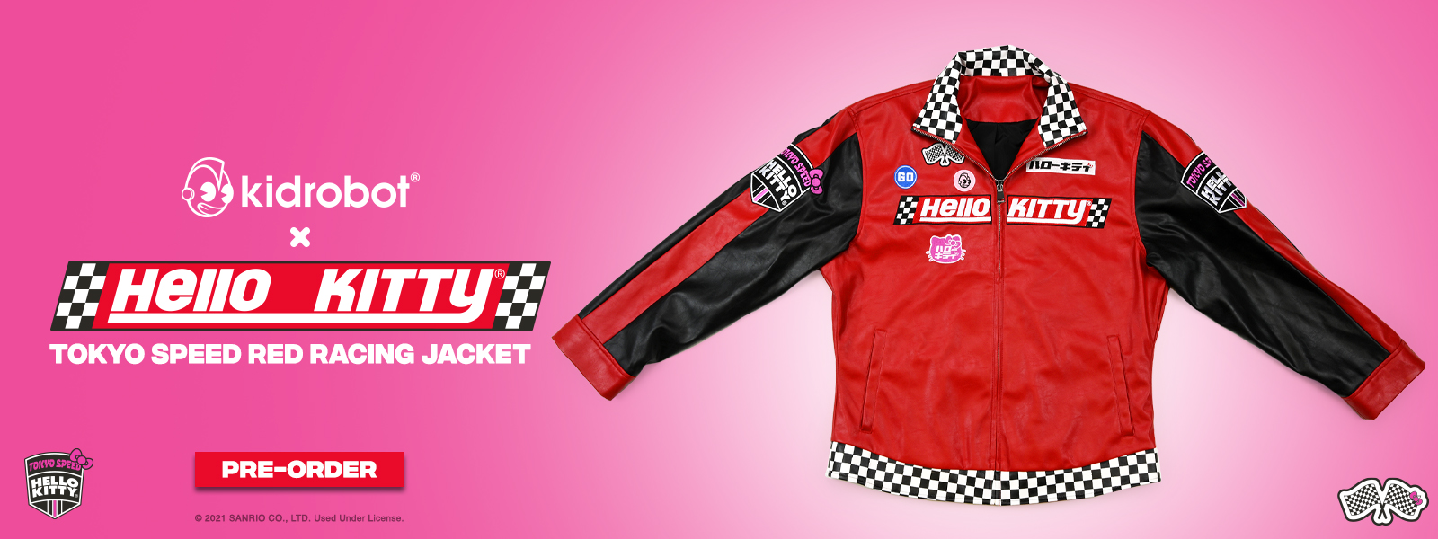 Race for the finish line in Kidrobot's Hello Kitty® Tokyo Speed moto jacket!