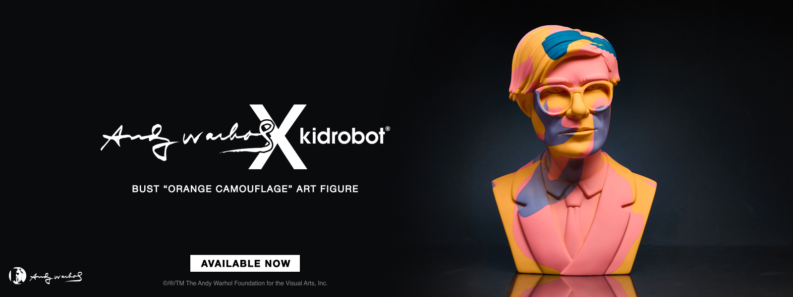 Kidrobot brings to life a limited-edition Andy Warhol 12-inch The Bust in Orange Camouflage. The inspiration for the design of this vinyl designer art toy comes from Andy Warhol’s 1987 camouflage print series.