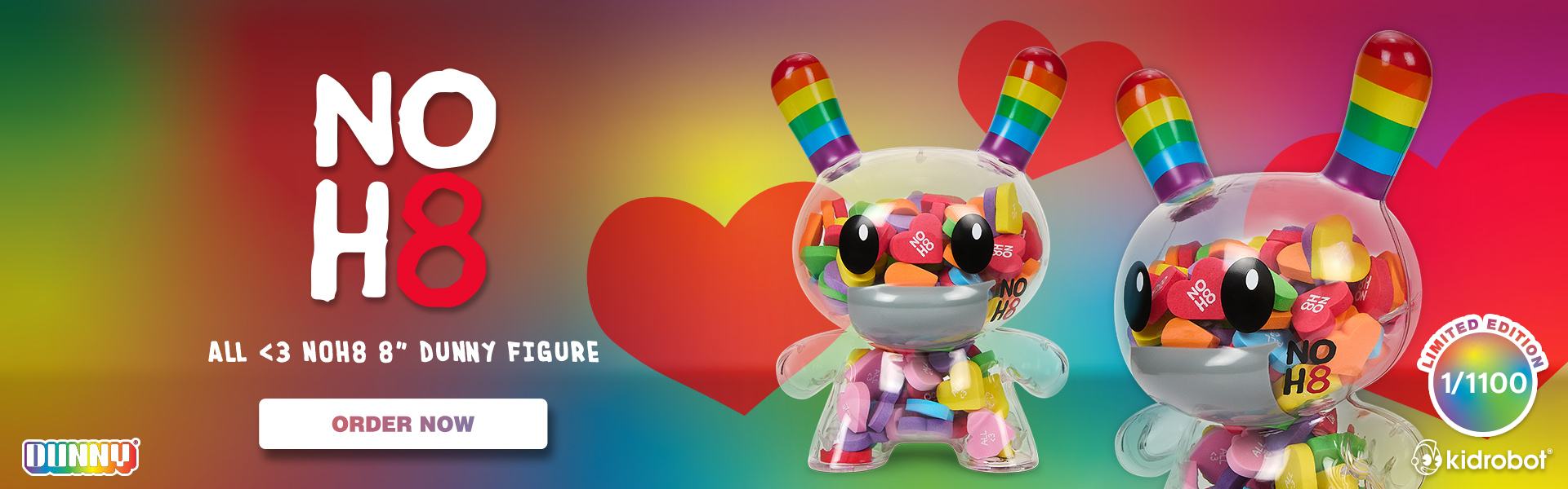 Kidrobot x NOH8 8" Clear Dunny With Rainbow Hearts